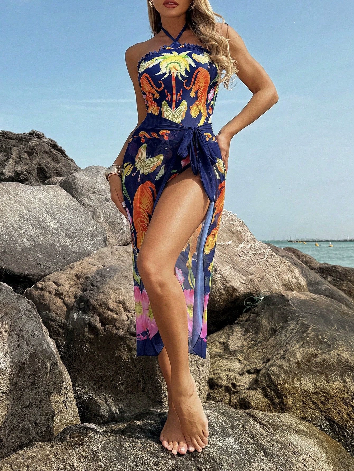 Halter Neck One-Piece Swimsuit with Sheer Wrap Skirt Set