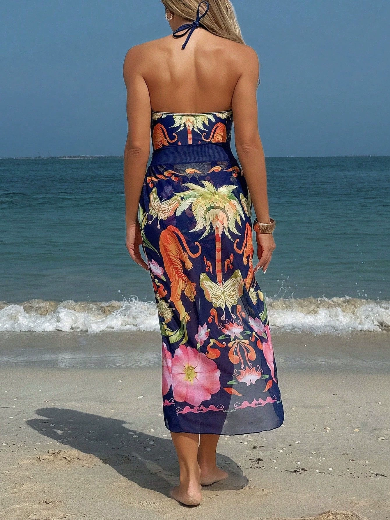 Halter Neck One-Piece Swimsuit with Sheer Wrap Skirt Set view 3