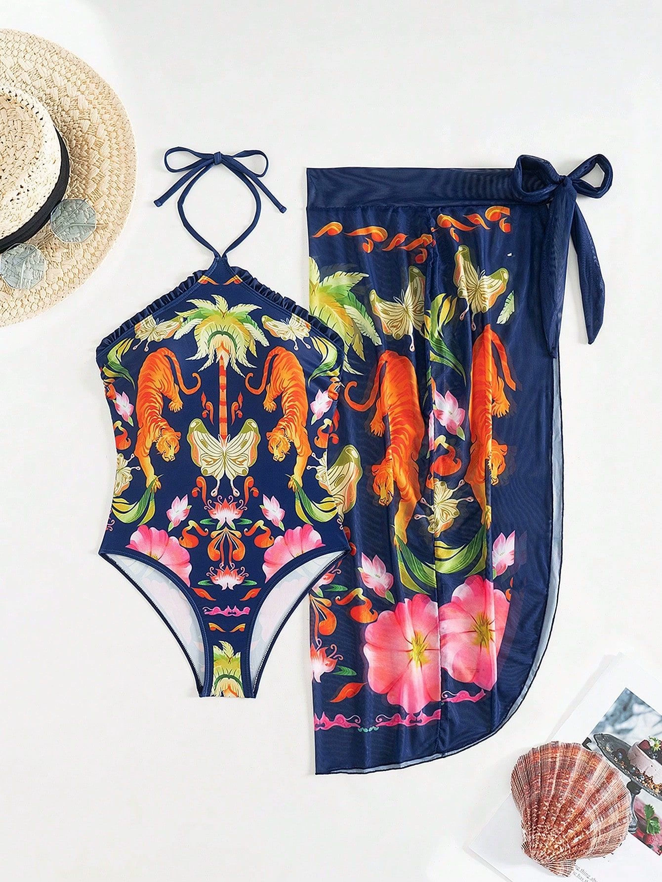 Halter Neck One-Piece Swimsuit with Sheer Wrap Skirt Set view 5