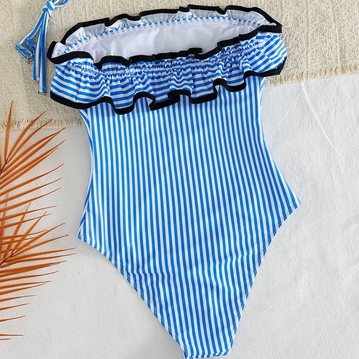 Ruffle Trim One-Piece Swimsuit with Adjustable Straps and High-Cut Leg