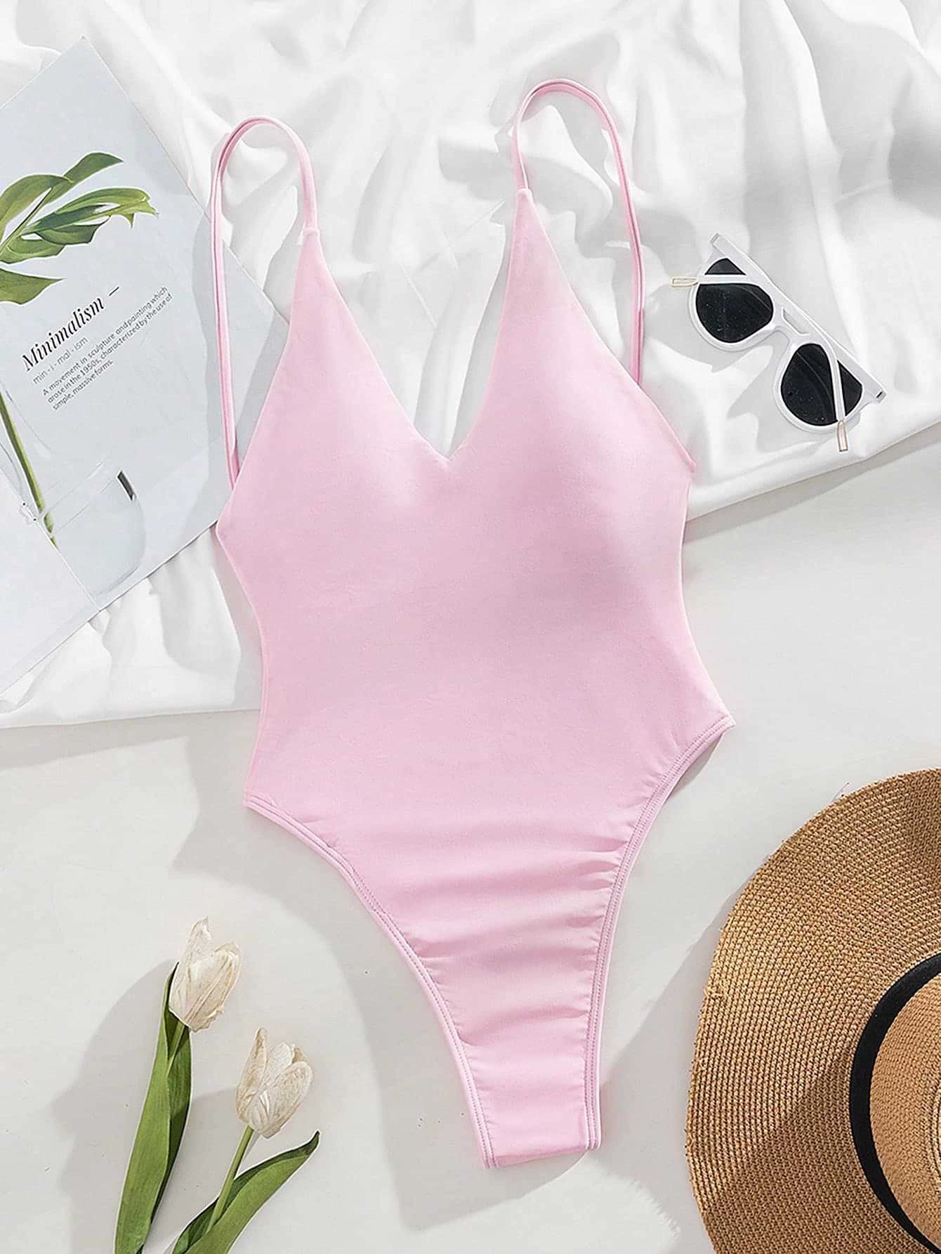 Women's V-Neck Backless One-Piece Swimsuit with Adjustable Straps view 12