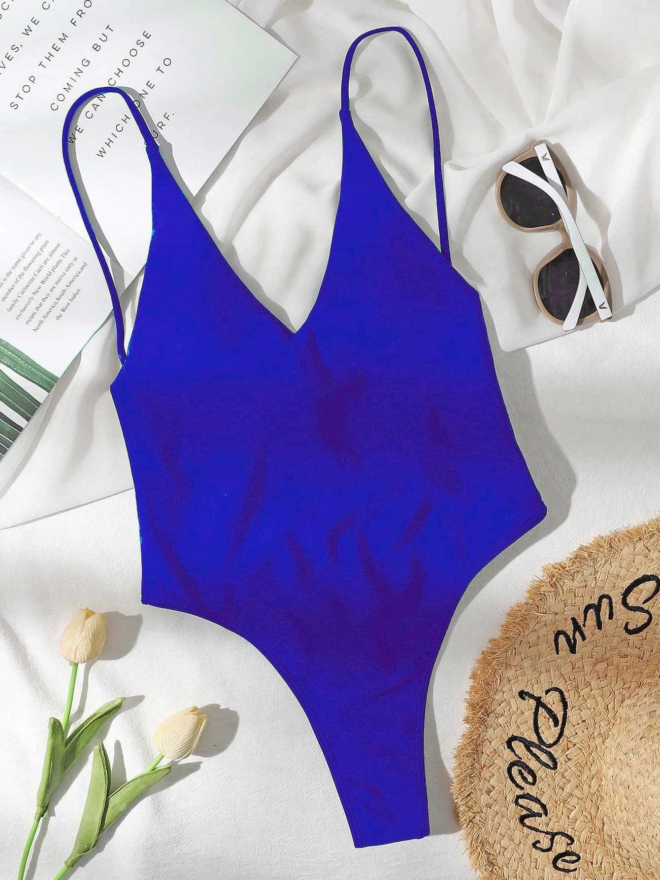 Women's V-Neck Backless One-Piece Swimsuit with Adjustable Straps view 8