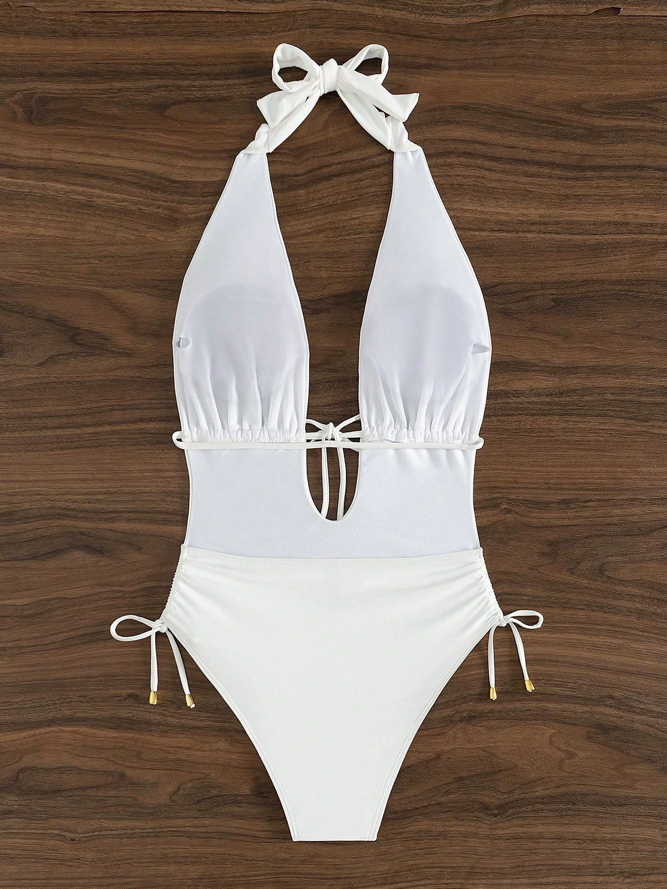 Halter Neck Deep V One Piece Swimsuit with Side Ties view 3