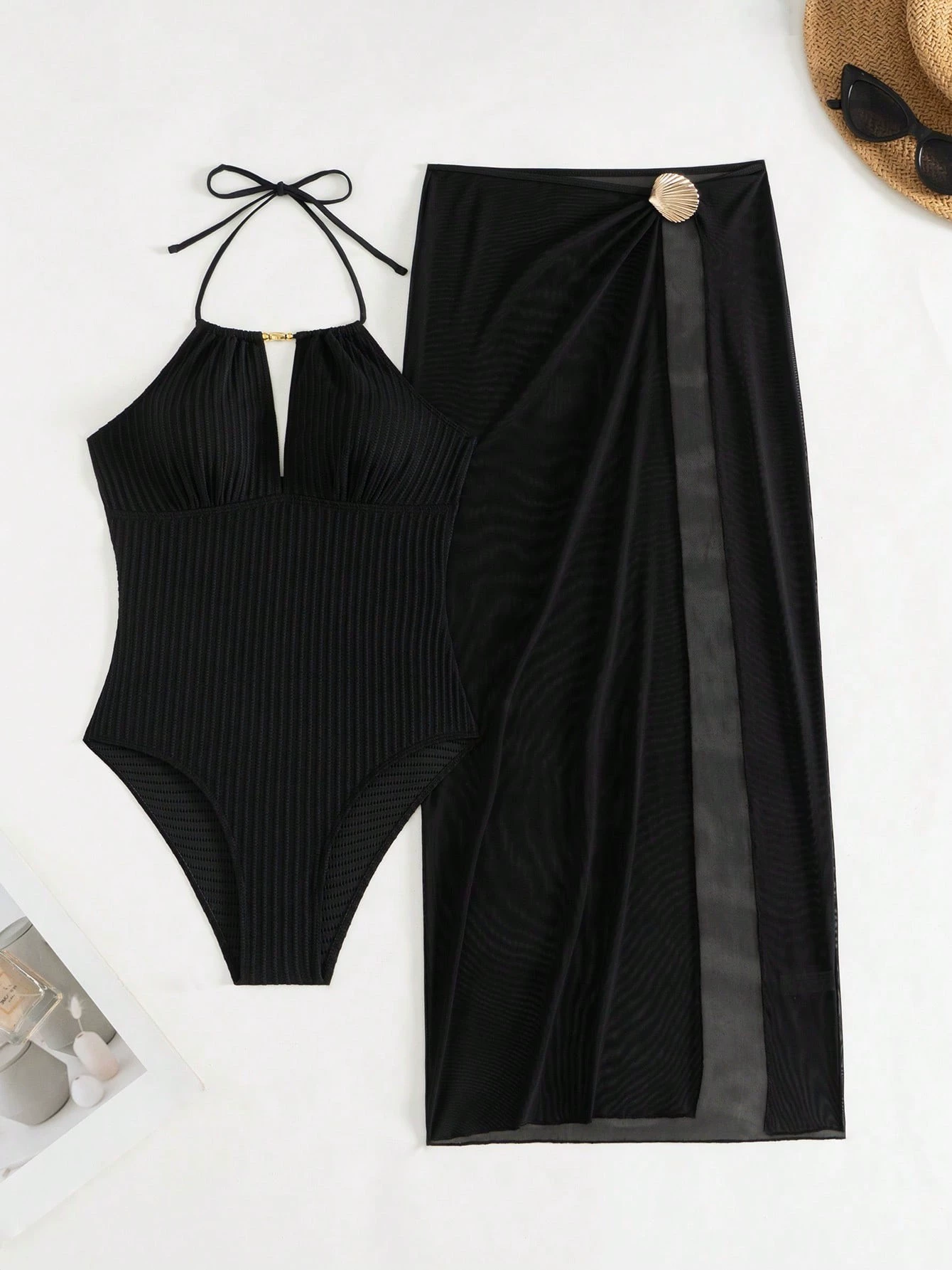 Halter Neck One-Piece Swimsuit with Sheer Cover-Up Skirt view 4