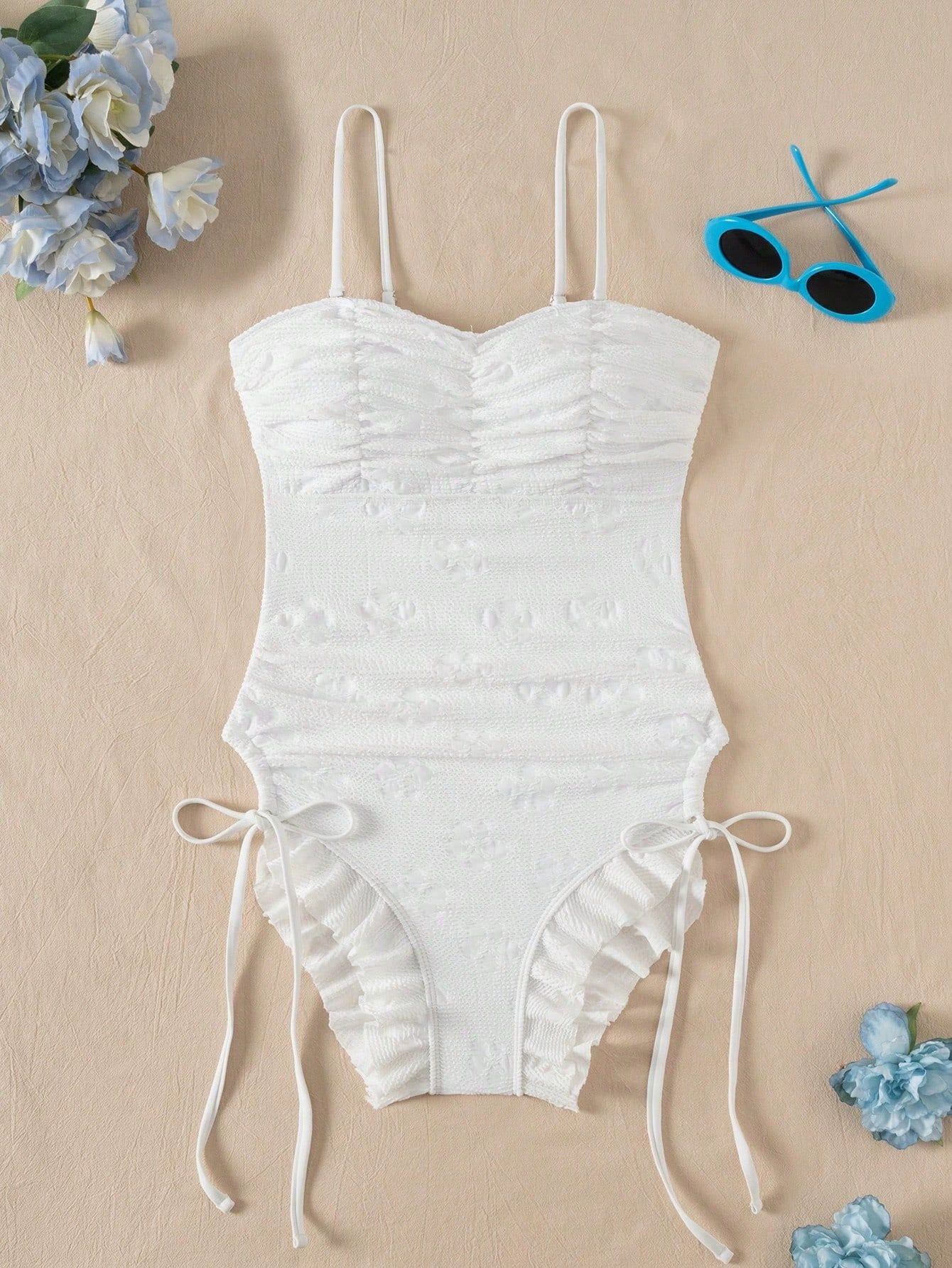 Women's Ruched One-Piece Swimsuit with Ruffle Skirt and Spaghetti Straps view 5