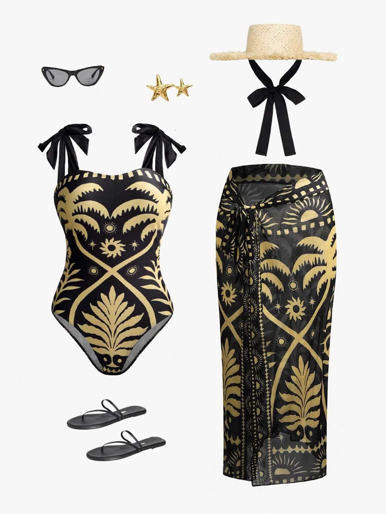 One-Piece Swimsuit and Sarong Cover-Up Set