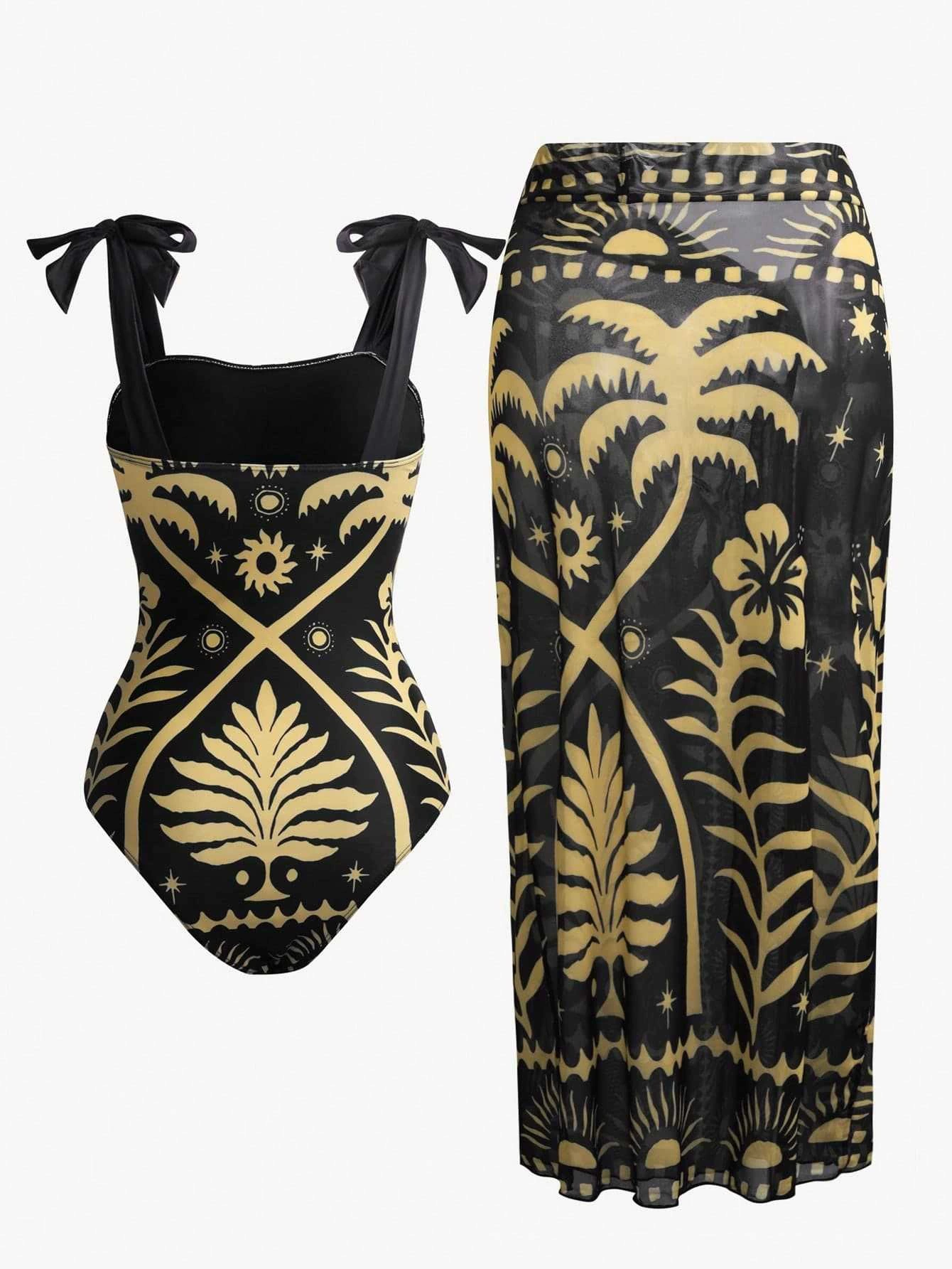 One-Piece Swimsuit and Sarong Cover-Up Set