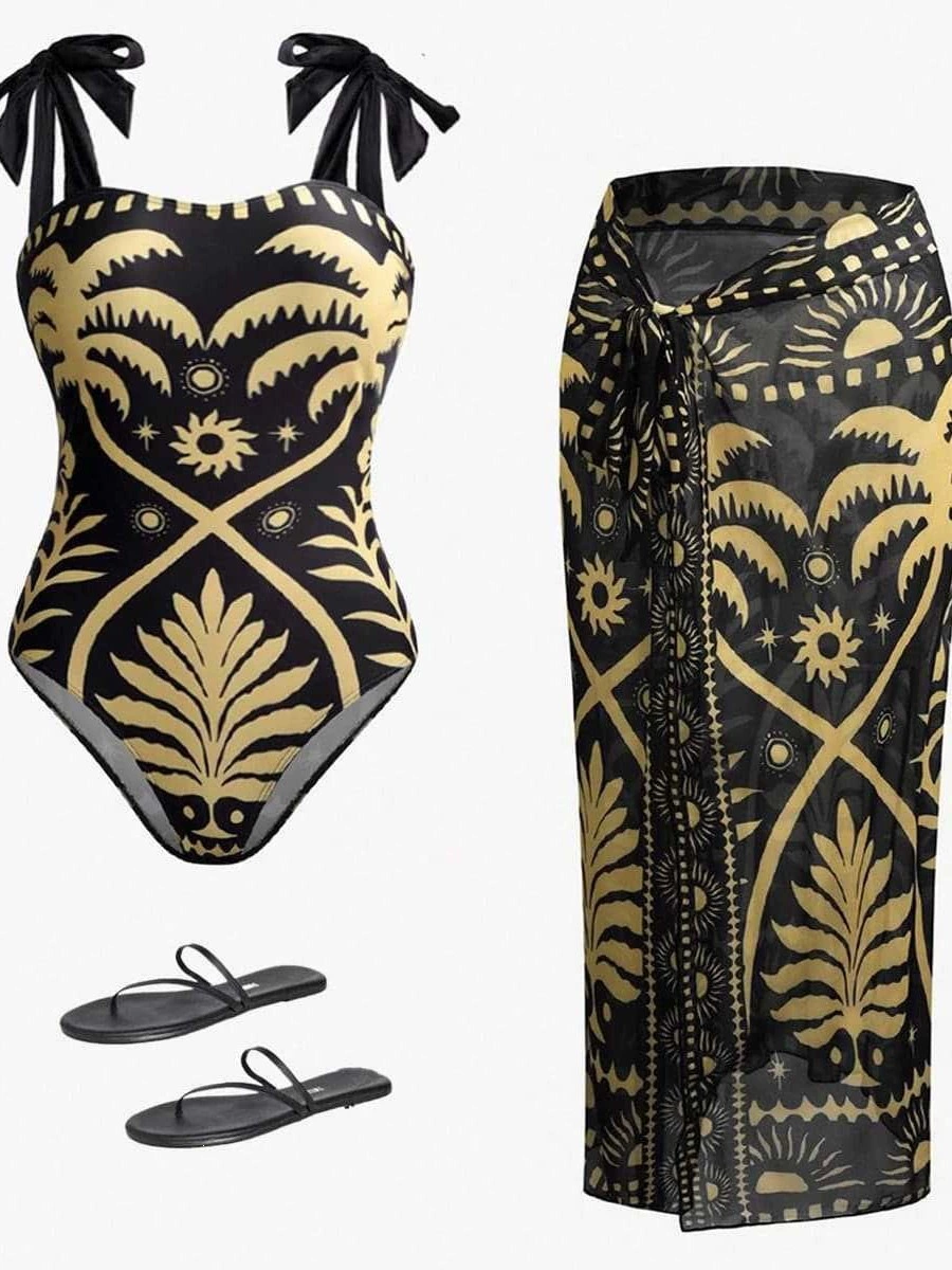 One-Piece Swimsuit and Sarong Cover-Up Set view 4