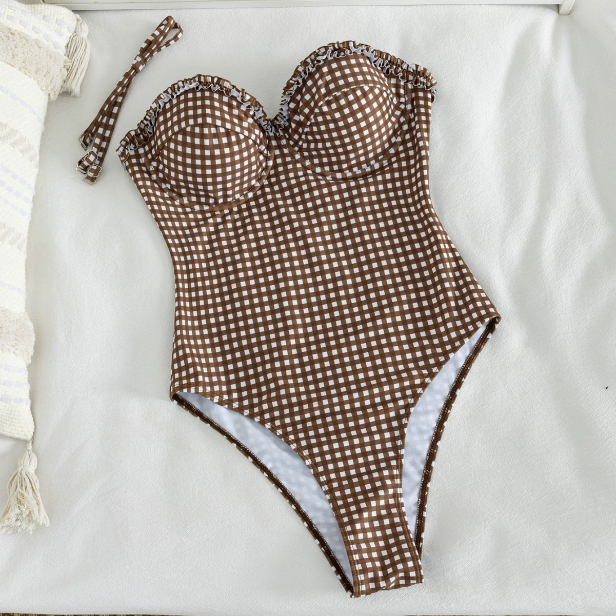 One-Piece Swimsuit with Molded Cups, Ruffled Neckline, and Detachable Straps