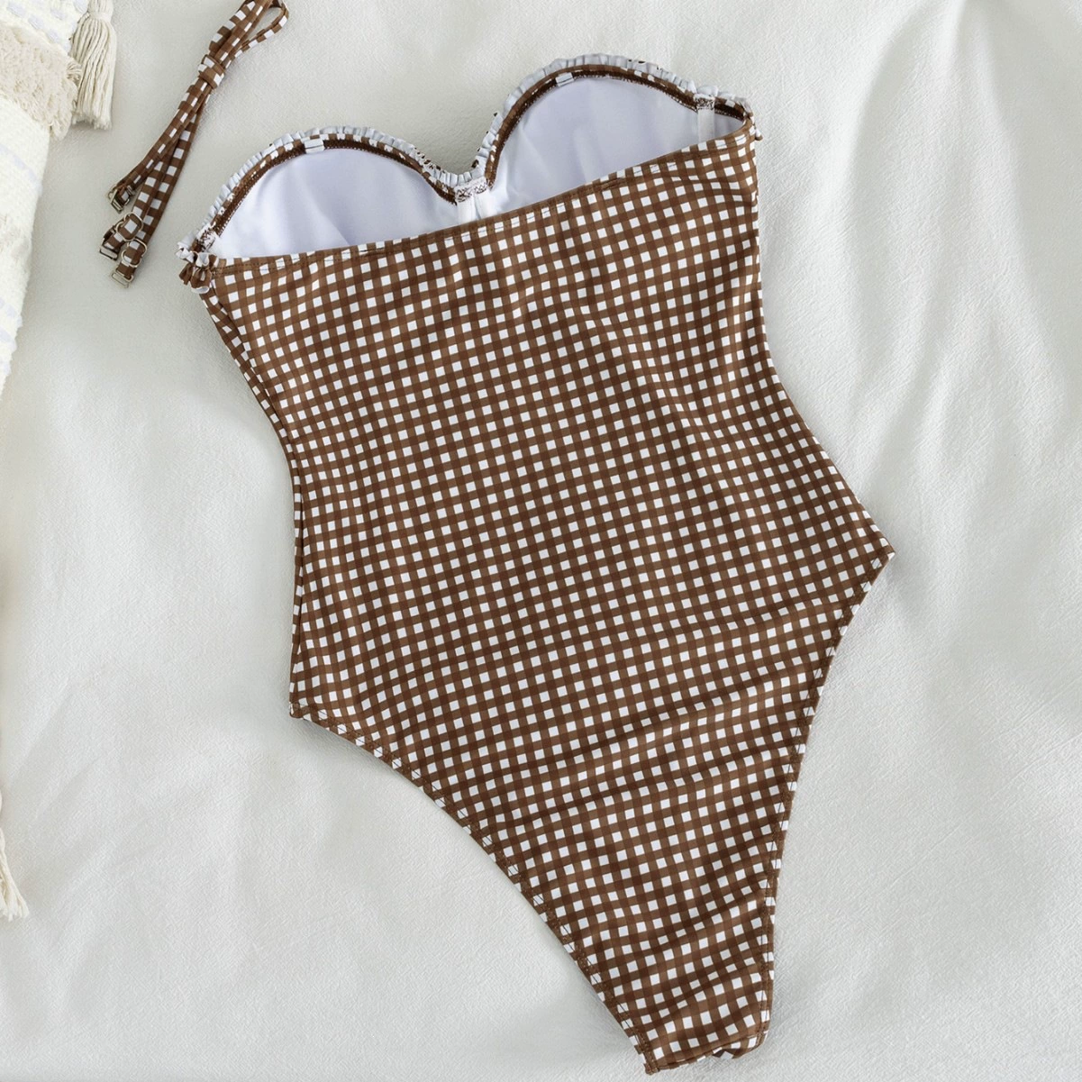 One-Piece Swimsuit with Molded Cups, Ruffled Neckline, and Detachable Straps