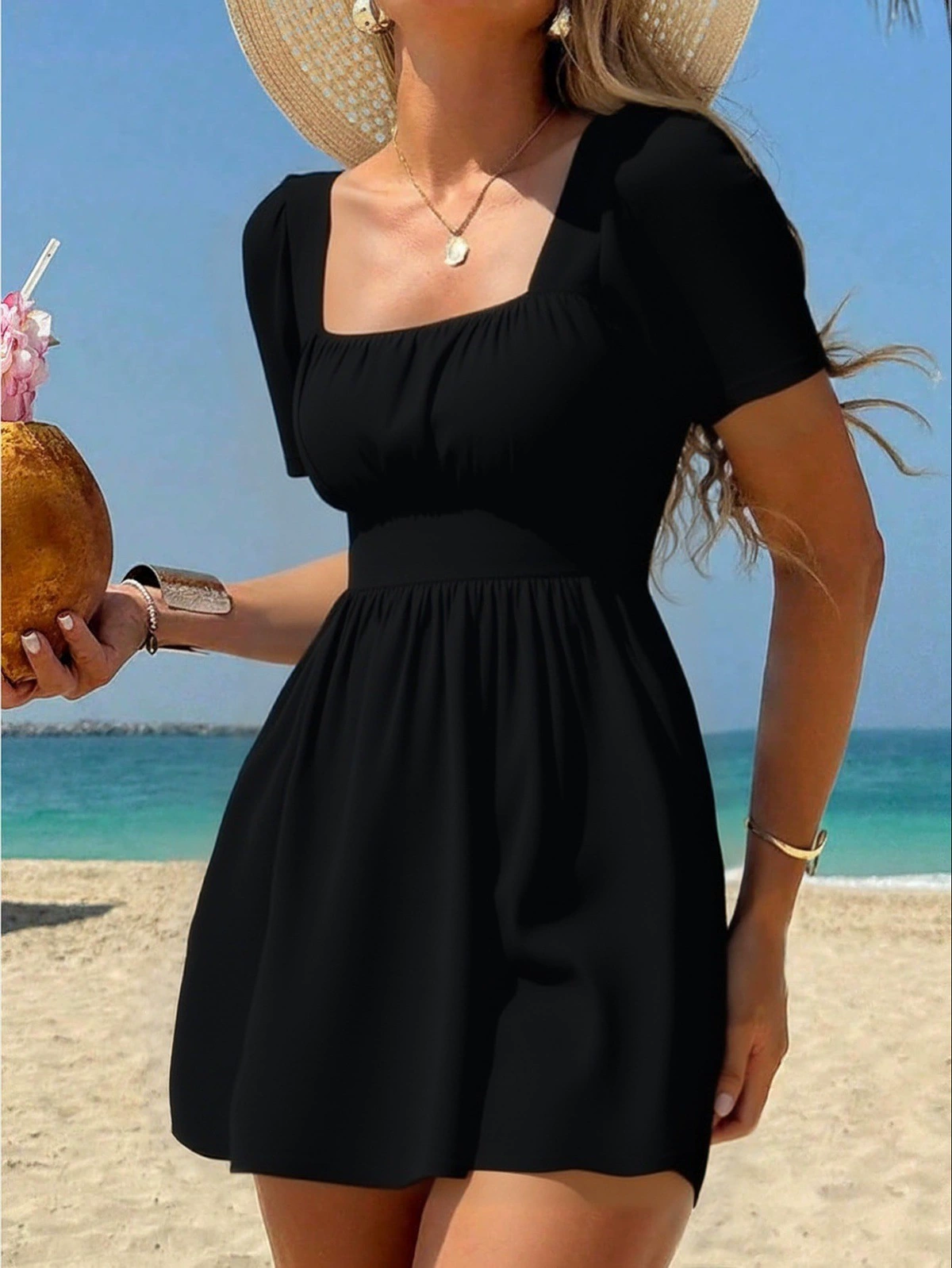 Square Neck Short Sleeve One-Piece Swimdress view 6