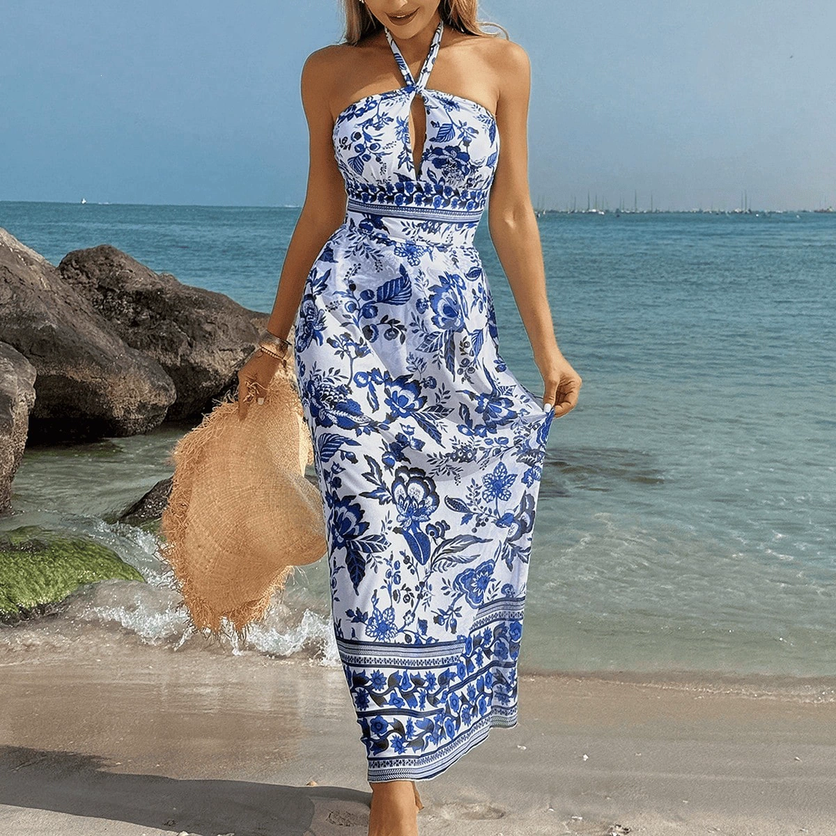 Halter Neck Maxi Dress and One-Piece Swimsuit Set view 6