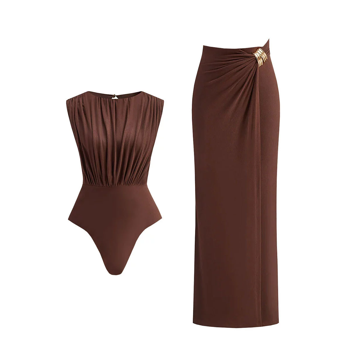 High Neck Ruched Swimsuit and Maxi Skirt Set