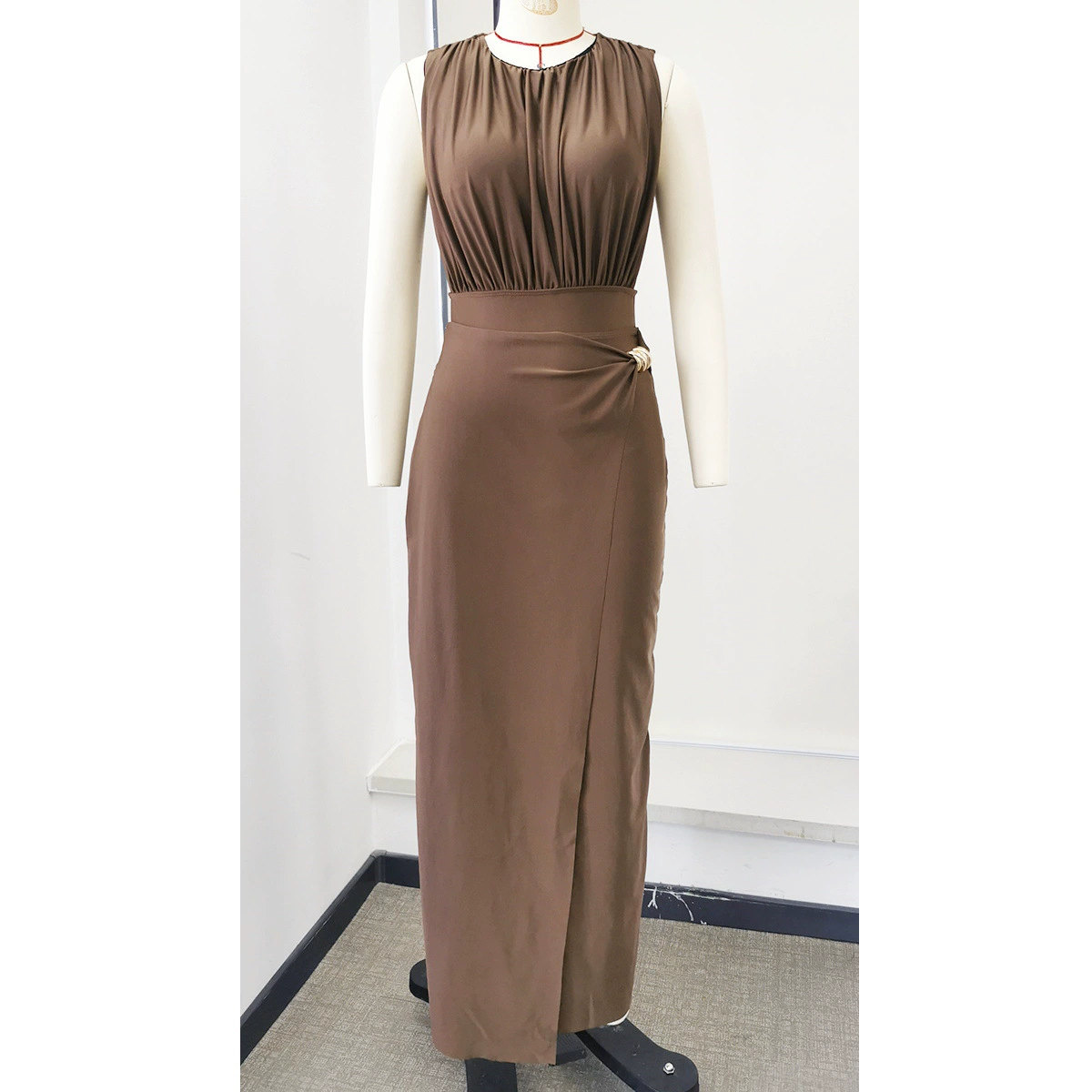 High Neck Ruched Swimsuit and Maxi Skirt Set view 4