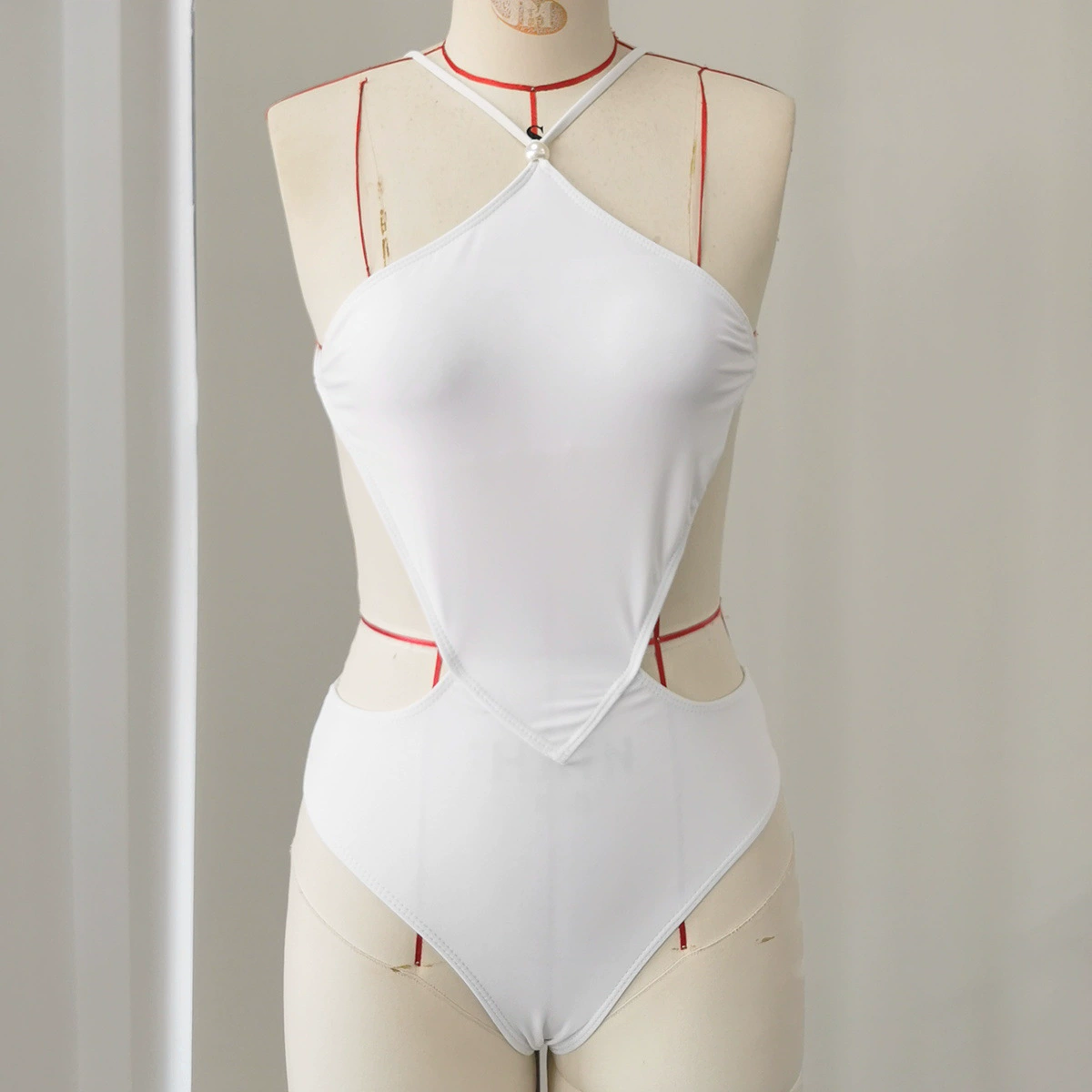 Halter Neck Cutout High-Leg One-Piece Swimsuit with Tie Back
