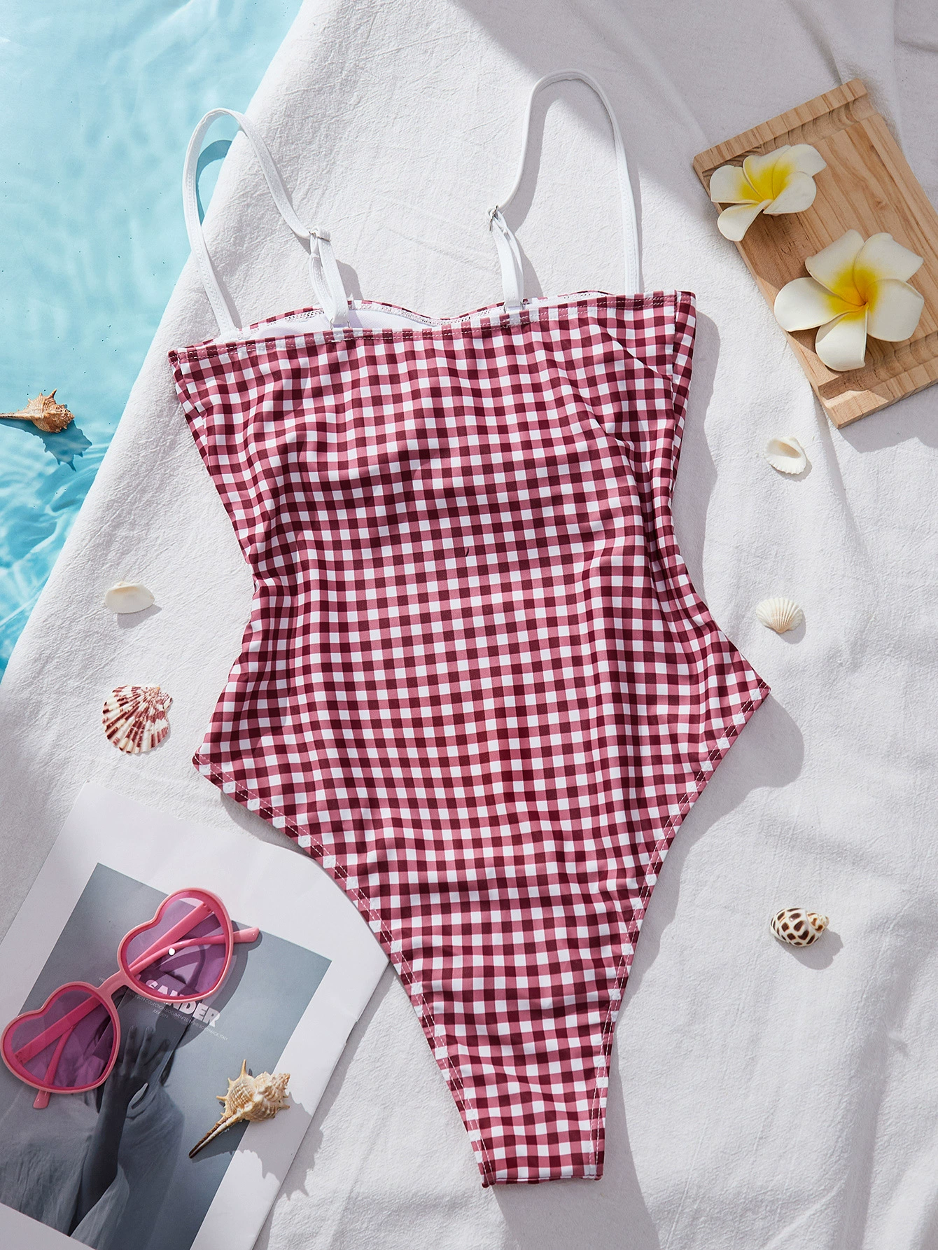 Gingham One-Piece Swimsuit with Adjustable Spaghetti Straps view 4