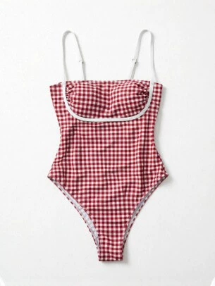 Gingham One-Piece Swimsuit with Adjustable Spaghetti Straps view 5