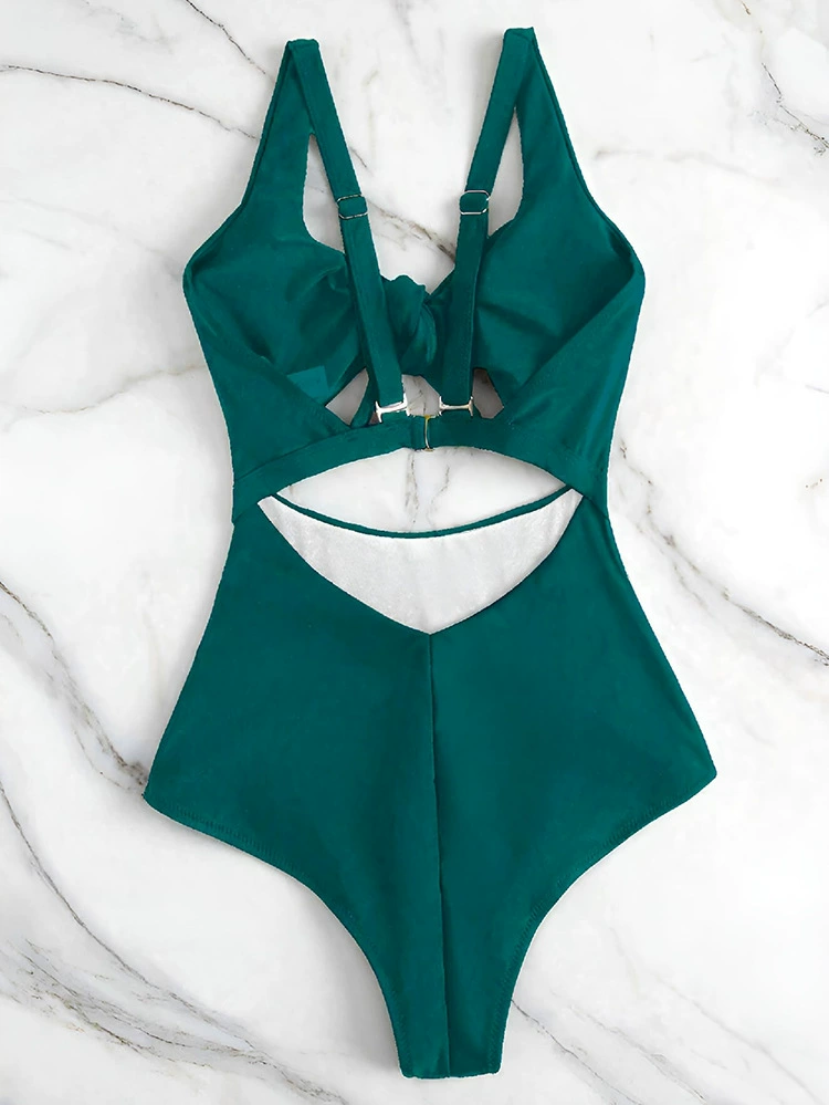 Tie-Front Cutout One-Piece Swimsuit with High-Leg Bottom view 10