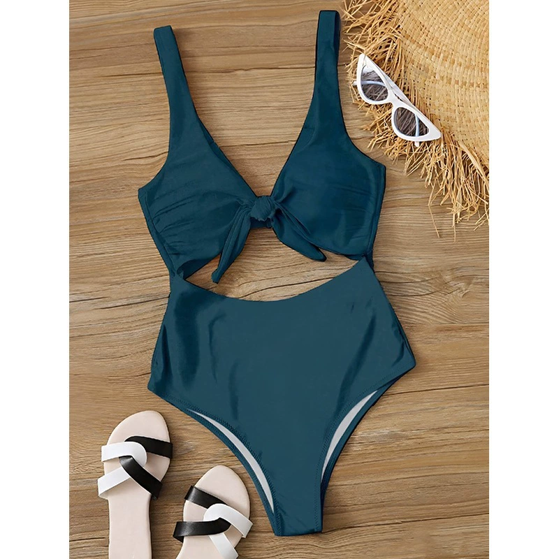 Tie-Front Cutout One-Piece Swimsuit with High-Leg Bottom view 4
