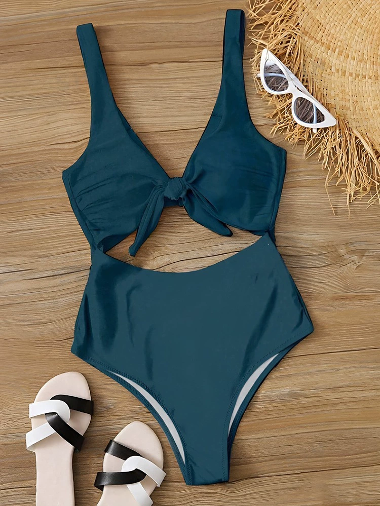 Tie-Front Cutout One-Piece Swimsuit with High-Leg Bottom view 6