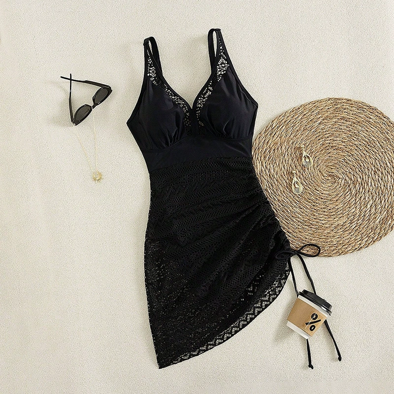 V-Neck One-Piece Swim Dress with Ruched Skirt and Adjustable Side Tie view 3