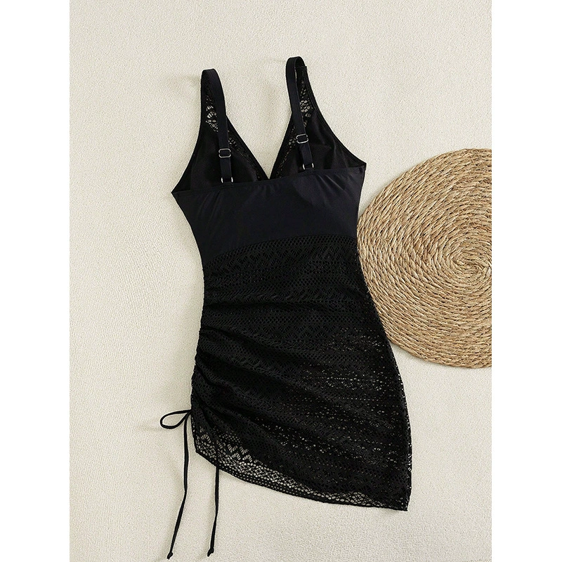 V-Neck One-Piece Swim Dress with Ruched Skirt and Adjustable Side Tie view 4