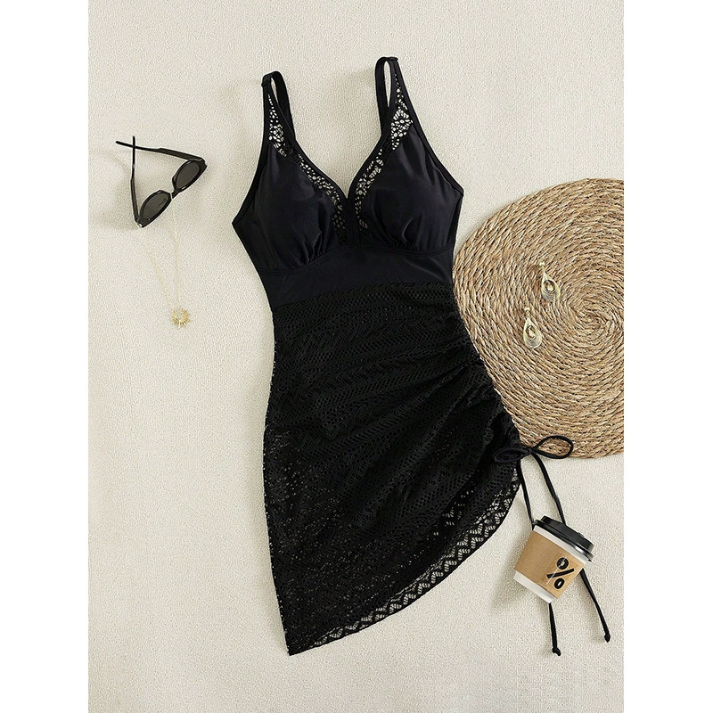 V-Neck One-Piece Swim Dress with Ruched Skirt and Adjustable Side Tie view 5
