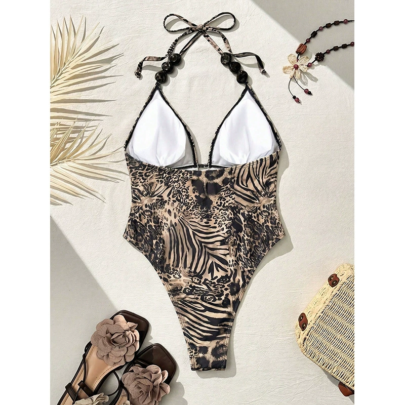 Halter Neck Plunge One Piece Swimsuit with Beaded Straps in Animal Print