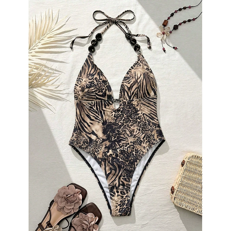 Halter Neck Plunge One Piece Swimsuit with Beaded Straps view 3