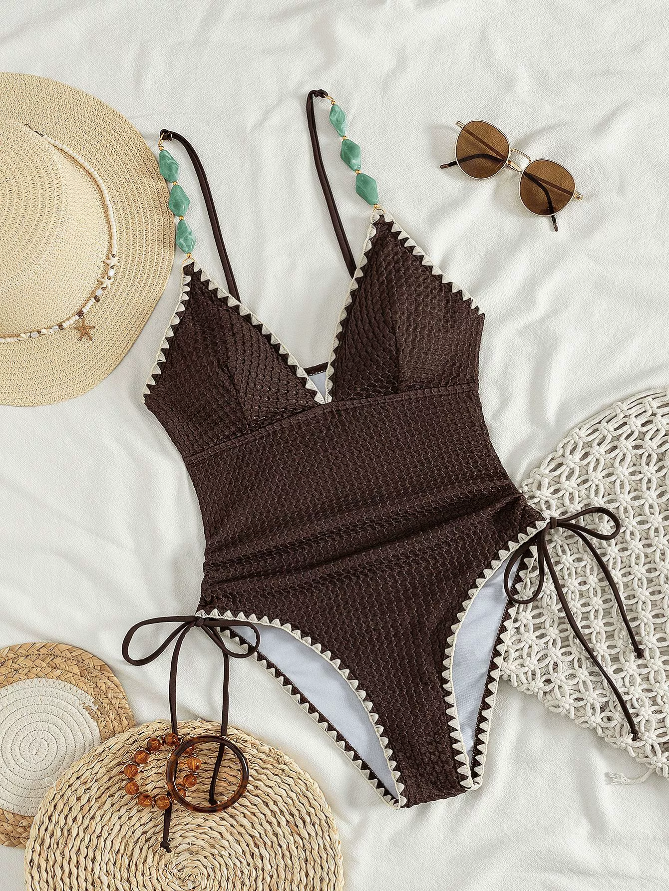Deep V-Neck One-Piece Swimsuit with Beaded Straps and Side Ties