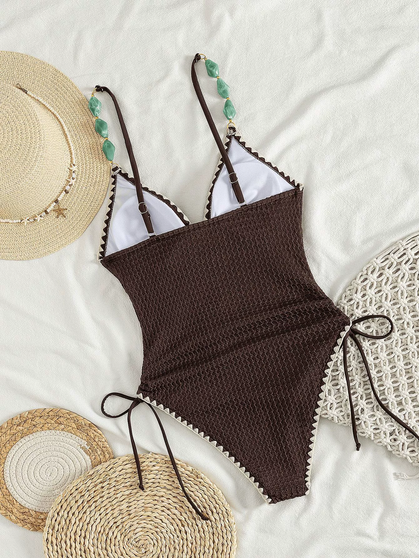 Deep V-Neck One-Piece Swimsuit with Beaded Straps and Side Ties view 3