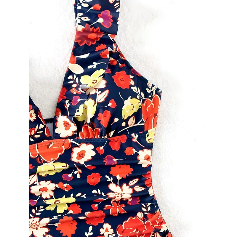 Women's Ruffled V-Neck Ruched One-Piece Swimsuit view 4