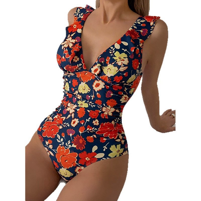 Women's Ruffled V-Neck Ruched One-Piece Swimsuit view 5