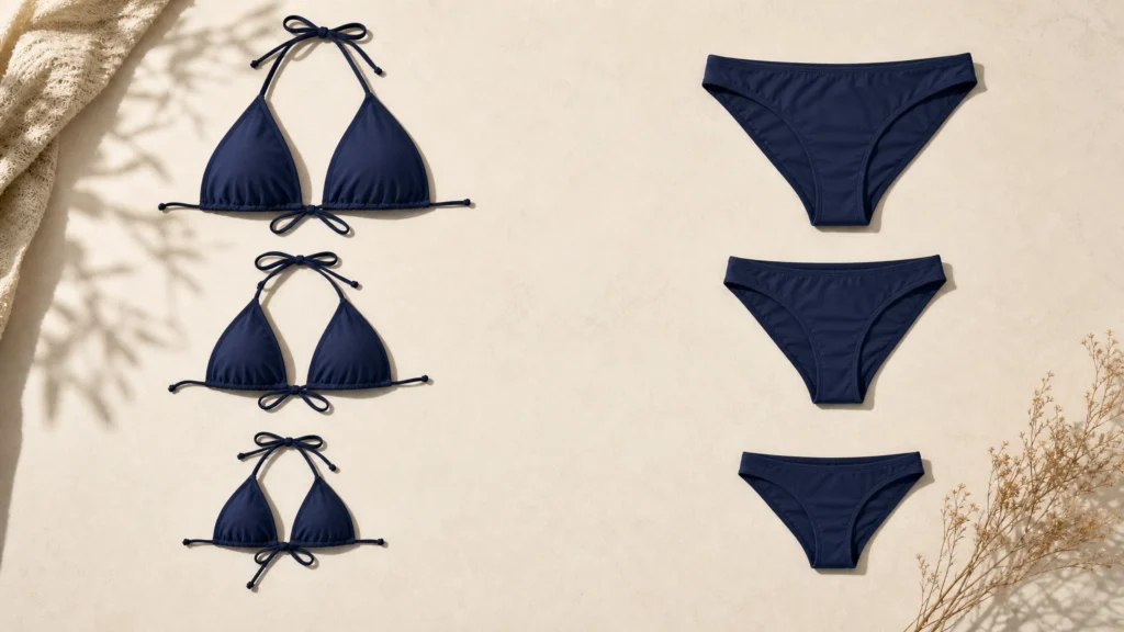 Three navy bikini tops on the left and three navy bottoms on the right, arranged by size on a cream surface.