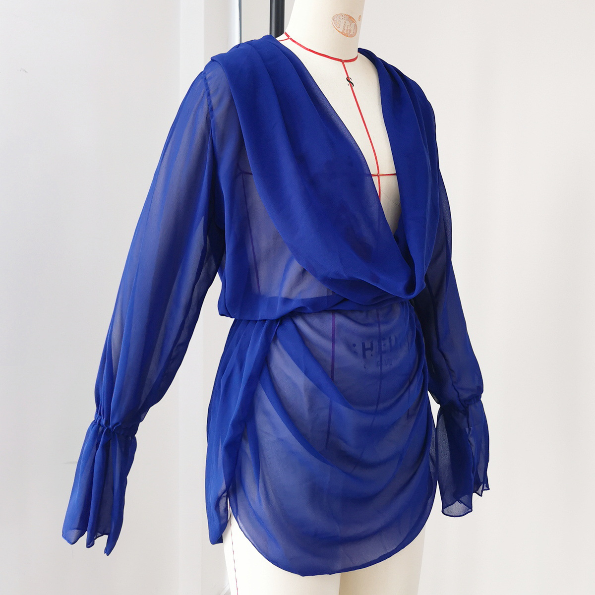 Draped Deep V-Neck Long-Sleeve Cover-Up Dress view 7