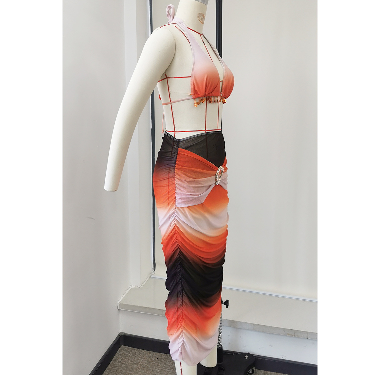 Ruched High Waist Maxi Skirt with Ring Buckle