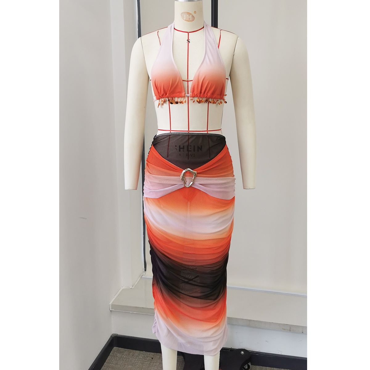 Ruched High Waist Maxi Skirt with Ring Buckle