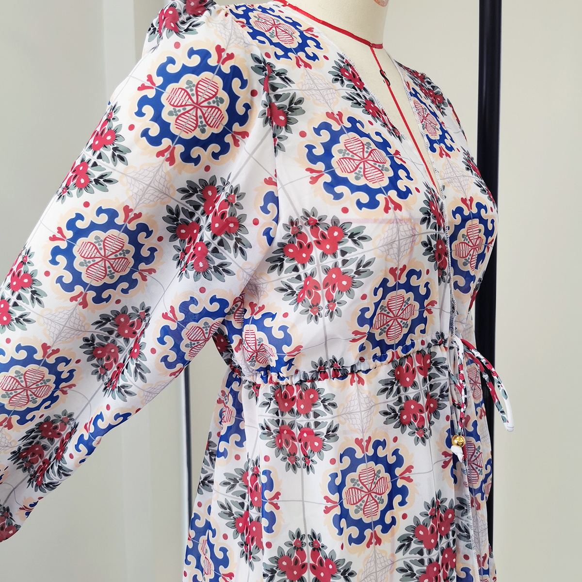 Long Sleeve V-Neck Drawstring Waist Maxi Cover-Up Dress