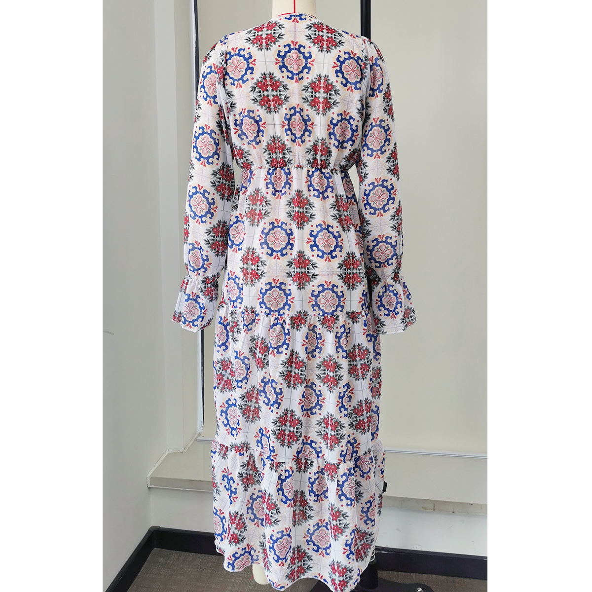 Long Sleeve V-Neck Drawstring Waist Maxi Cover-Up Dress