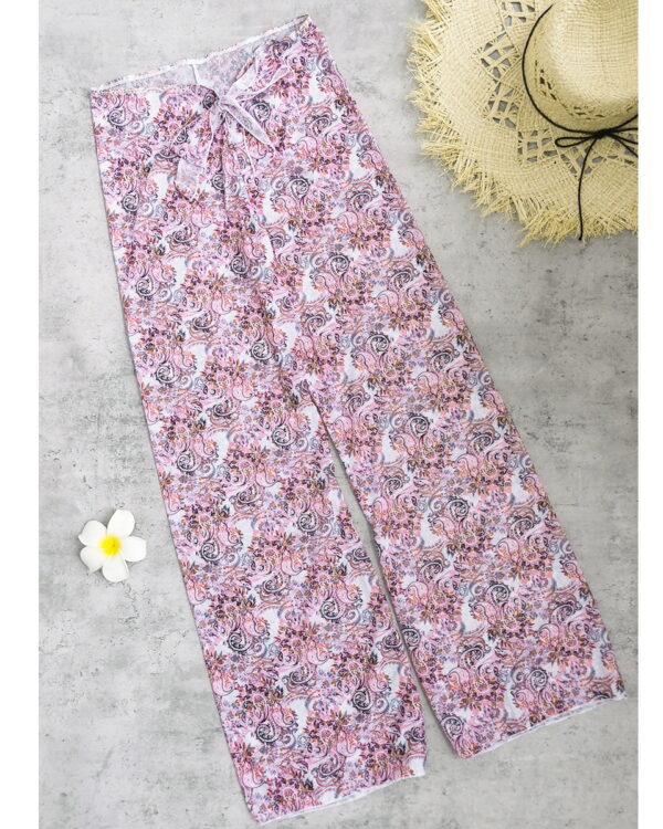 Pink Paisley Print Wide Leg Beach Pants with Tie Front Waist