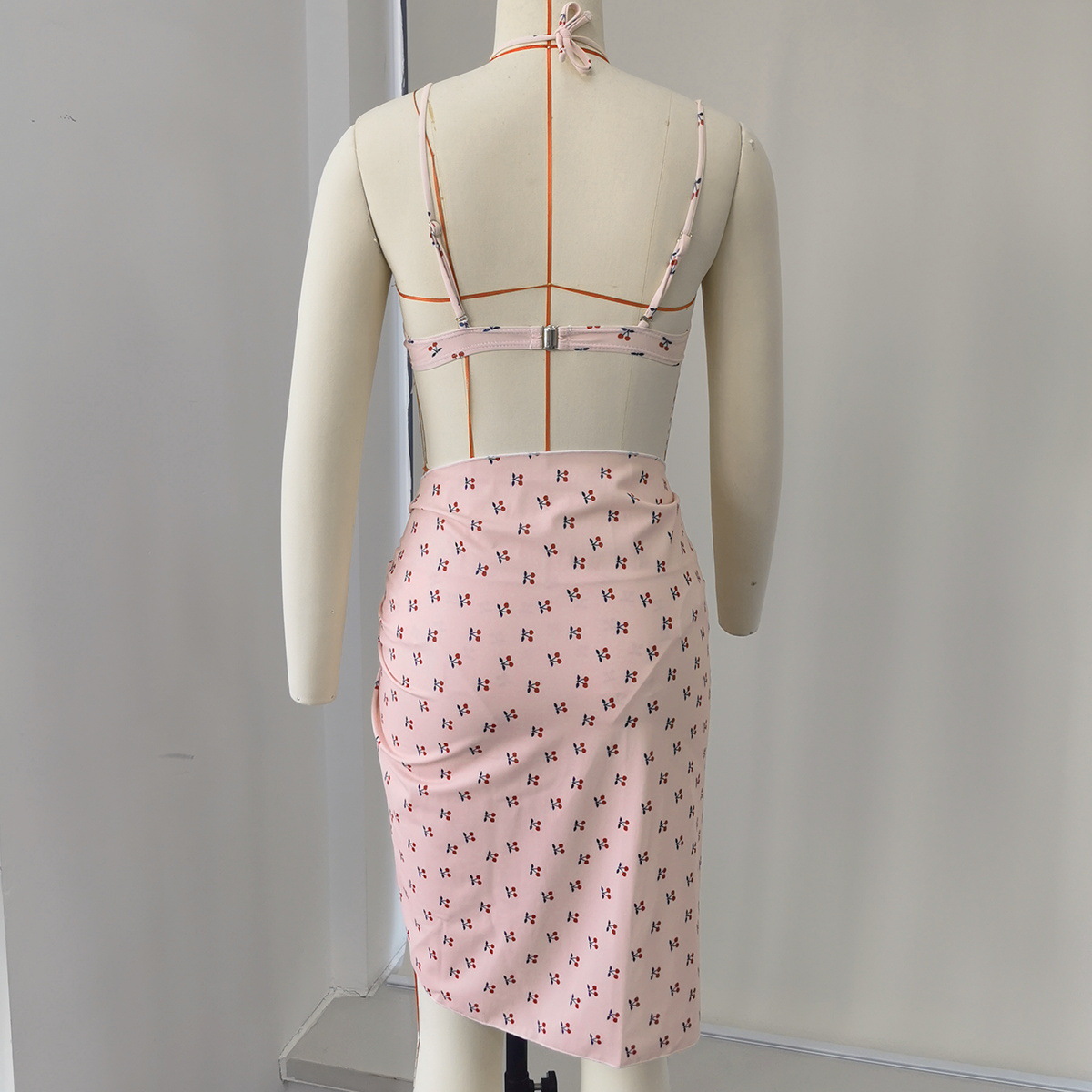 Pink Cherry Print Wrap Tie Beach Sarong Short Skirt
