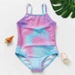 Girls' Gradient Mermaid Scale One-Piece Swimsuit with Straight Neckline and Thin Straps