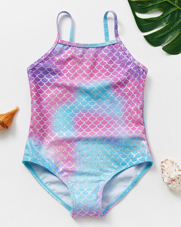 Traje de baño infantil de una pieza degradado con escamas de sirena