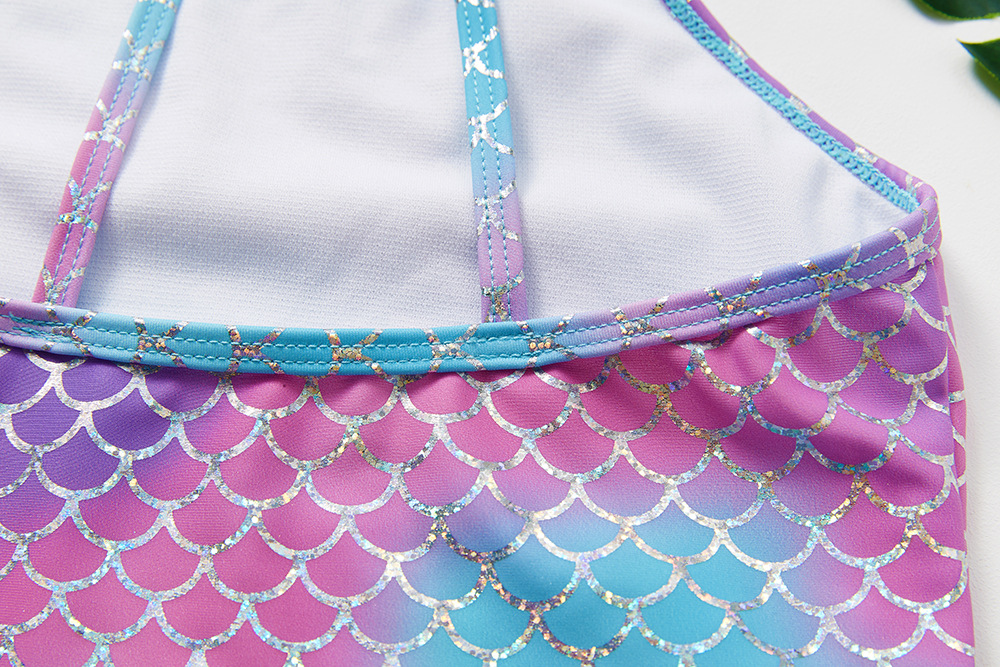Girls' Gradient Mermaid Scale One-Piece Swimsuit with Straight Neckline and Thin Straps view 5