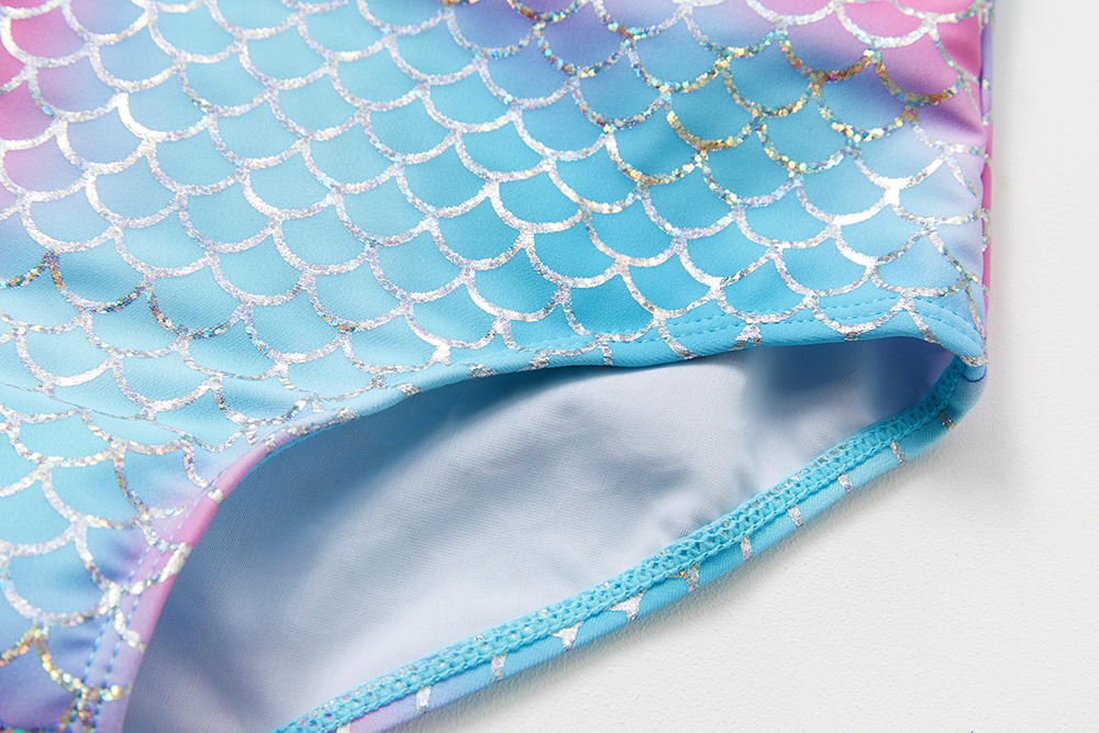 Girls' Gradient Mermaid Scale One-Piece Swimsuit with Straight Neckline and Thin Straps view 6