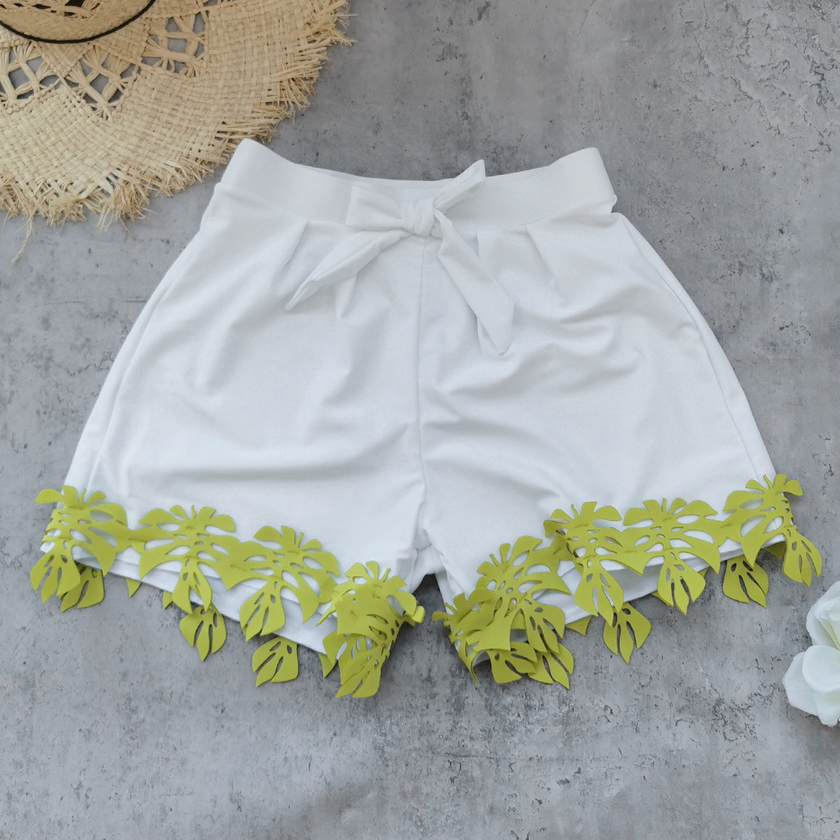 High Waist Pleated Bow Tie Shorts with Cut-Out Hem