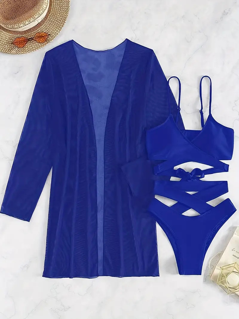 Women's Three-Piece Strappy Bikini Set with Long Sleeve Cover-Up view 6