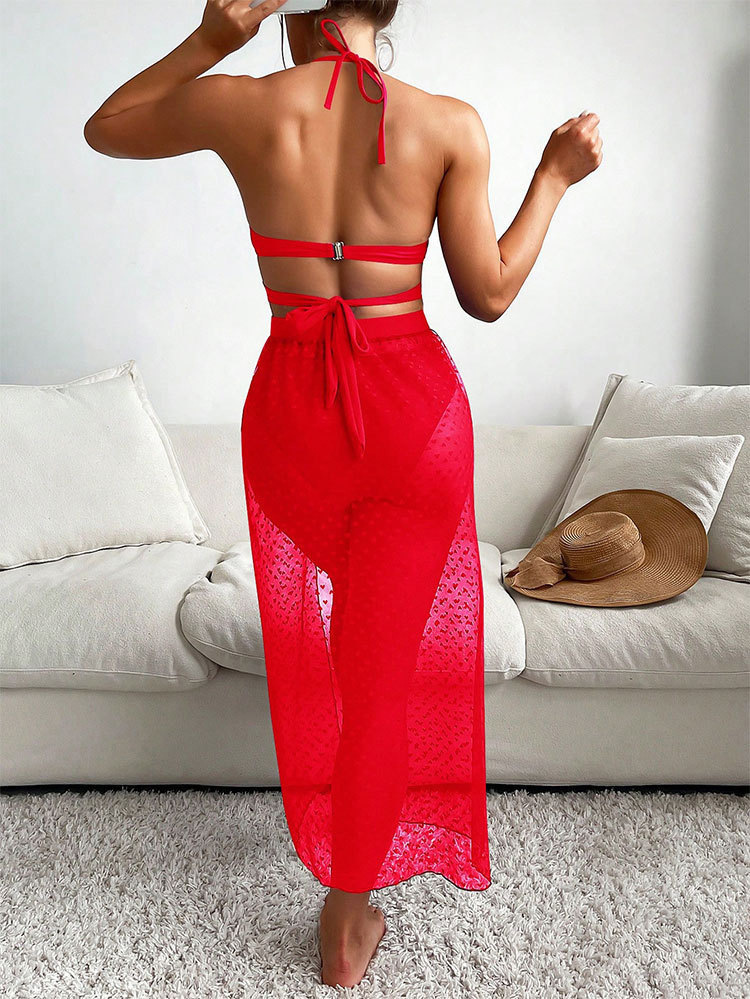 Women Three-Piece Halter Bikini Set with Sheer Maxi Cover-Up Skirt view 10