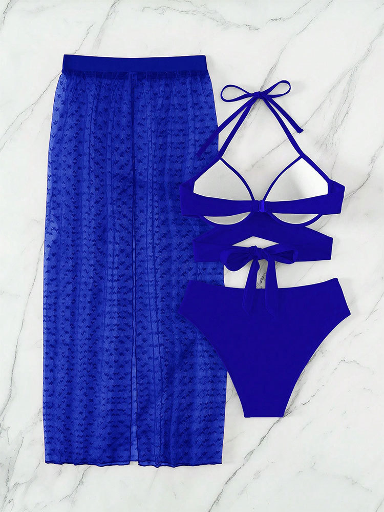 Women Three-Piece Halter Bikini Set with Sheer Maxi Cover-Up Skirt view 7