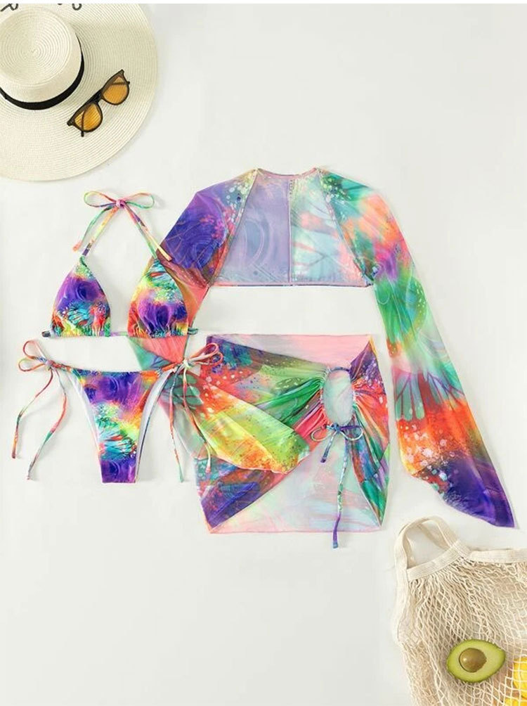 Three-Piece Long Sleeve Bikini Set with Cover-Up and Sarong view 5